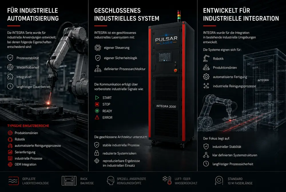 Informieren Sie sich über unser INTEGRA-Pulslaser-Reinigungssystem mit Leistungen von 300 W, 500 W, 1000 W und 2000 W, je nach Leistung wasser- oder luftgekühlt. Roboterfähig